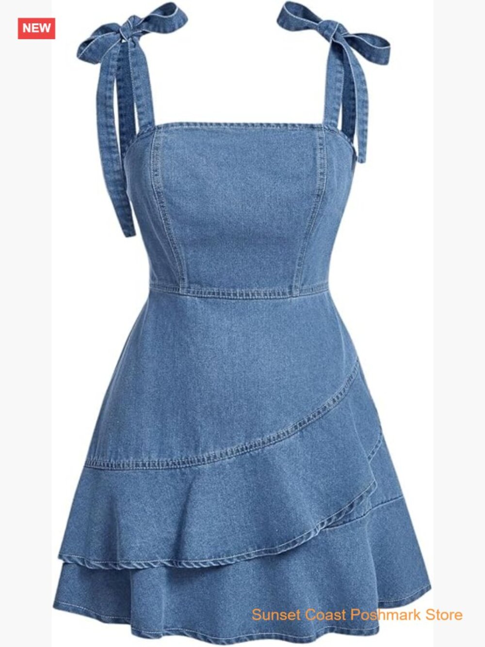 Tie Shoulder Sleeveless Denim Mini Dress with Layered Ruffle Hem - Picture 1 of 4